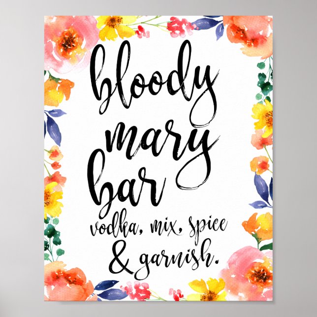 Bloody Mary Bar Floral Watercolor 8x10 Sign (Front)