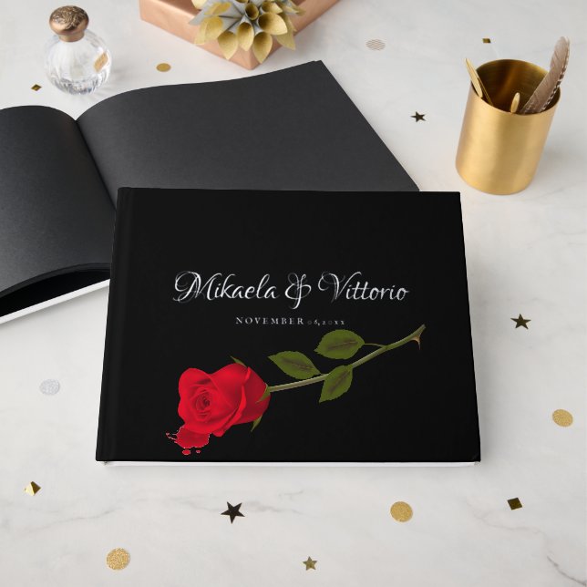 Bloody Rose Elegant Black Gothic Wedding Guest Book (Front Open)