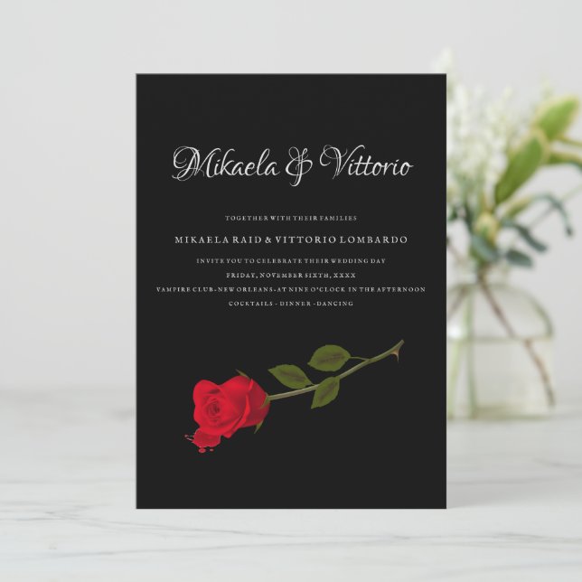 Bloody Rose elegant black Gothic wedding Invitation (Standing Front)