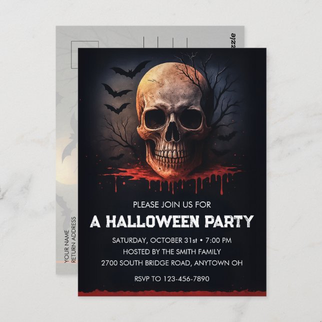 Bloody Skull Halloween Party Invitation Postcard (Front/Back)