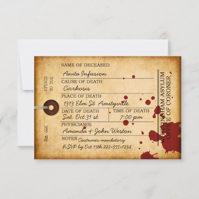 Bloody Toe Tag Halloween Antique Grunge Asylum Invitation (Front)