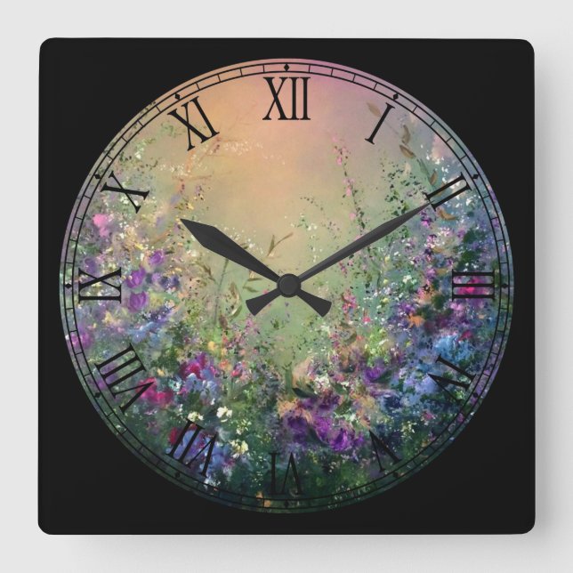 Bloom and Blossom Roman Numeral Square Wall Clock (Front)
