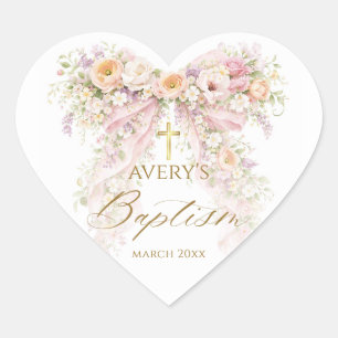 Bloom Floral Bow Girl Baptism Heart Sticker