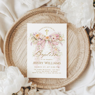 Bloom Floral Bow Girl Baptism Invitation