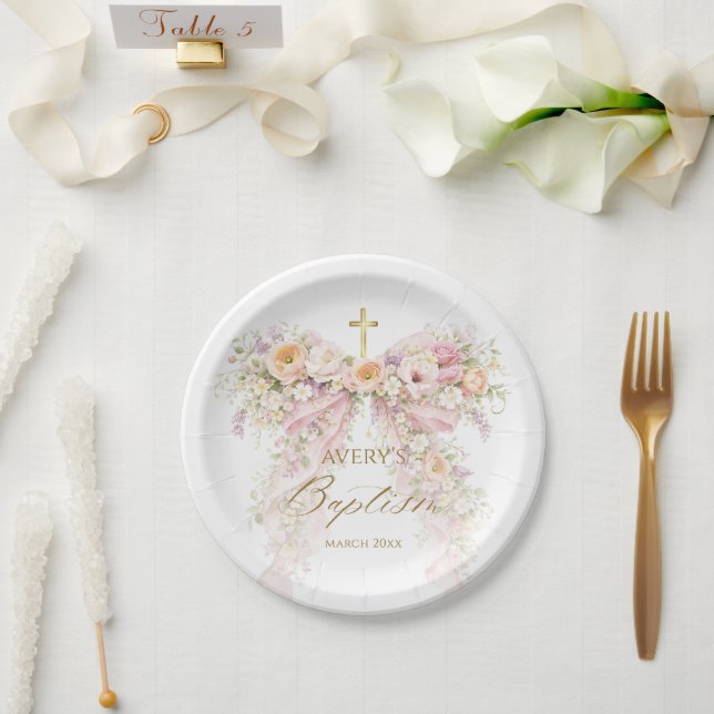 Bloom Floral Bow Girl Baptism Paper Plate (Wedding)