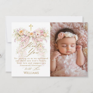 Bloom Floral Bow Girl Baptism Thank You Card