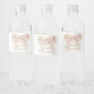 Bloom Floral Bow Girl Baptism Water Bottle Label