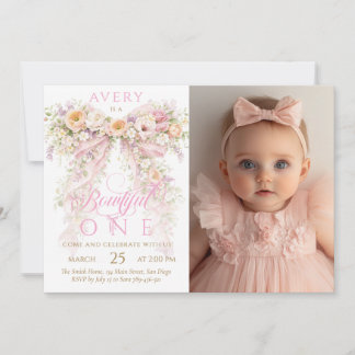 Bloom Floral Bow Girl Photo First Birthday Invitation