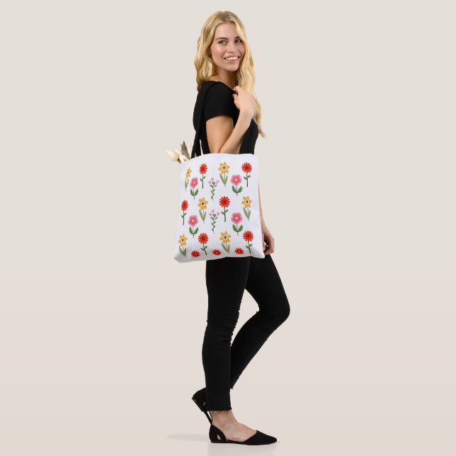 Bloom Grid – Retro Floral Pattern Tote Bag (On Model)