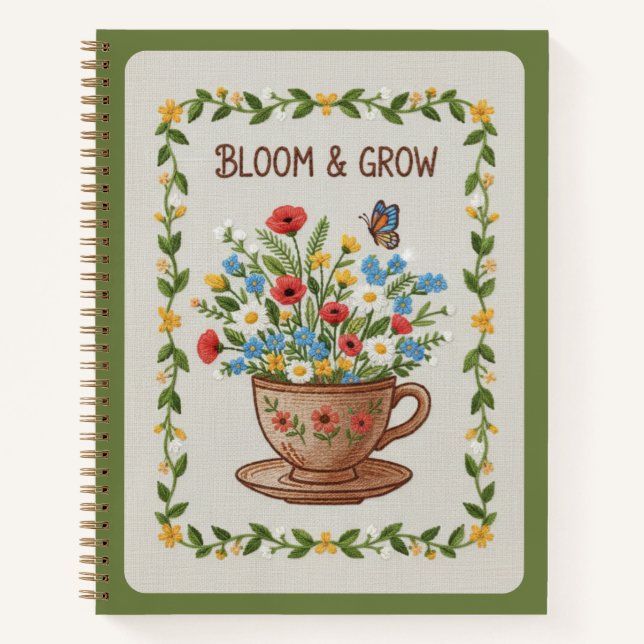 Bloom & Grow Embroidered Teacup Floral Journal (Front)