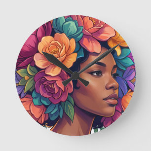 Bloom Inspirational Black Woman Floral Afro Round Clock