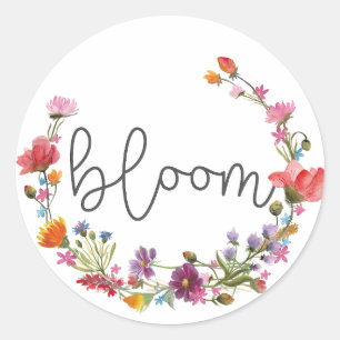 Bloom, Inspirational Quote Wildflowers Boho Classic Round Sticker