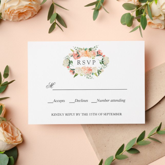 Bloom Peach Pink Botanical WEDDING RSVP  (Elegant resp card with serif font and peach pink peony flowers and leaves. Rustic chic floral)