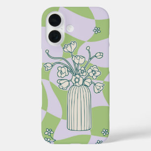 Bloom Pop Vase Green & Lilac Floral Line Art iPhone 16 Case