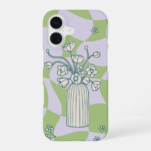 Bloom Pop Vase Green & Lilac Floral Line Art iPhone 16 Case