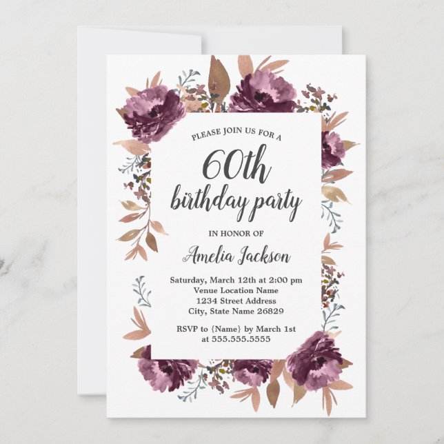 Bloom Purple Watercolor 60th Birthday Invitation (Front)