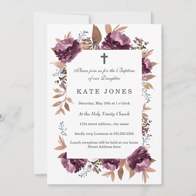 Bloom Purple Watercolor Baptism Invitation (Front)