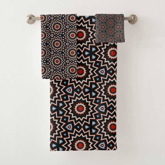 Bloom red blue white star circle pattern bath towel set (Insitu)