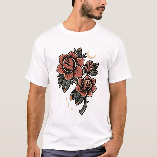 Bloom red roses old style tattoo design  T-Shirt (Front)