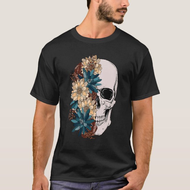 Bloom Skull Floral Skull Boho Flower Skull Skeleto T-Shirt (Front)