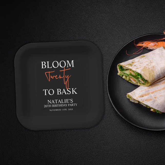 Bloom Twenty to Bask I Black Adult Birthday Party  Paper Plate (Creator Uploaded)