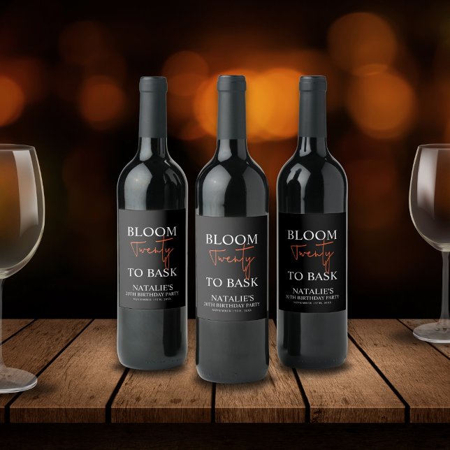 Bloom Twenty to Bask I Black Adult Birthday Party Wine Label (Creator Uploaded)