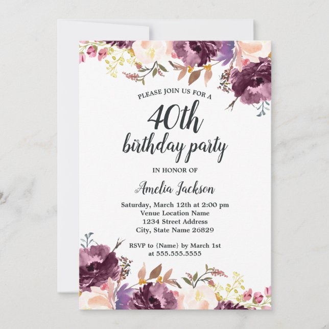Bloom Watercolor Purple Floral 40th Birthday Party Invitation (Front)