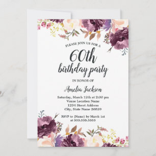 Bloom Watercolor Purple Floral 60th Birthday Party Invitation