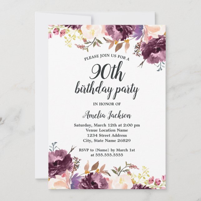 Bloom Watercolor Purple Floral 90th Birthday Party Invitation (Front)