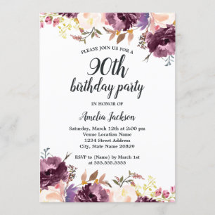 Bloom Watercolor Purple Floral 90th Birthday Party Invitation