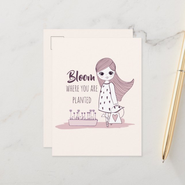 "Bloom Where You Are Planted" Motivational Quote Announcement Postcard (Front/Back In Situ)