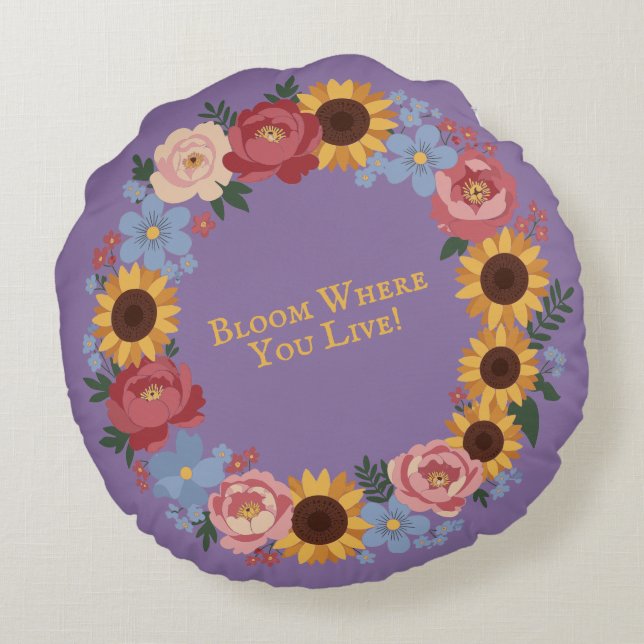 Bloom where you live - Floral Wreath Round Cushion (Back)