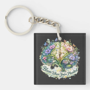 Bloom Where You’re Planted Floral Brain Watercolor Key Ring