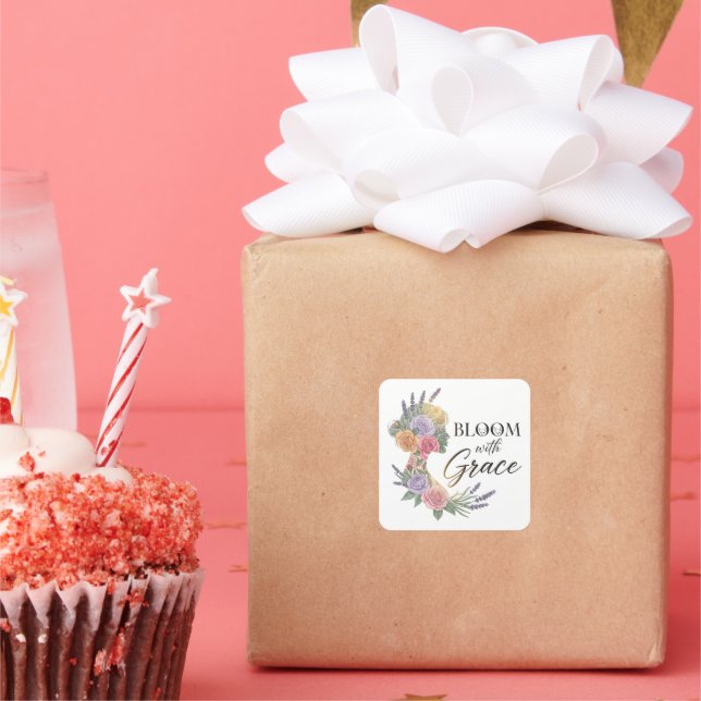 Bloom with Grace Elegant Floral Woman Silhouette Square Sticker (Party)