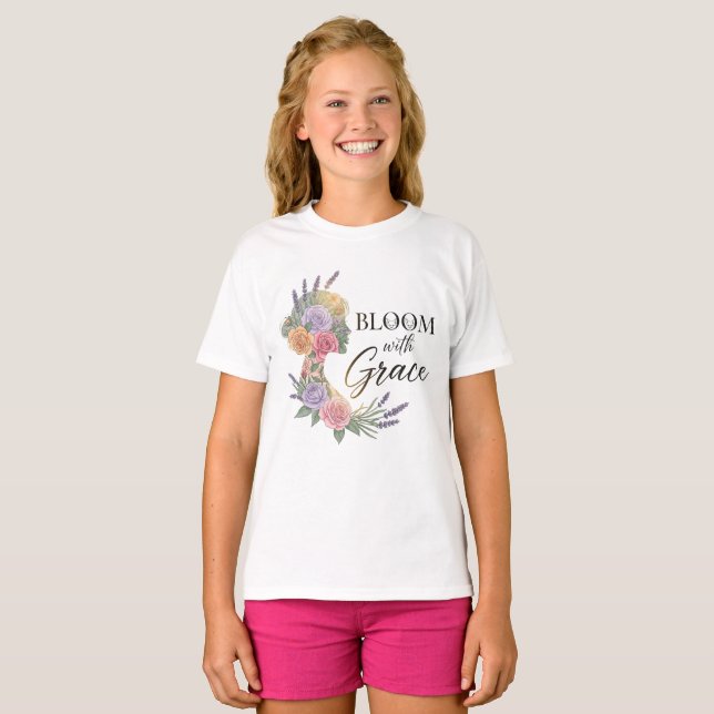 Bloom with Grace Elegant Floral Woman Silhouette T-Shirt (Front Full)