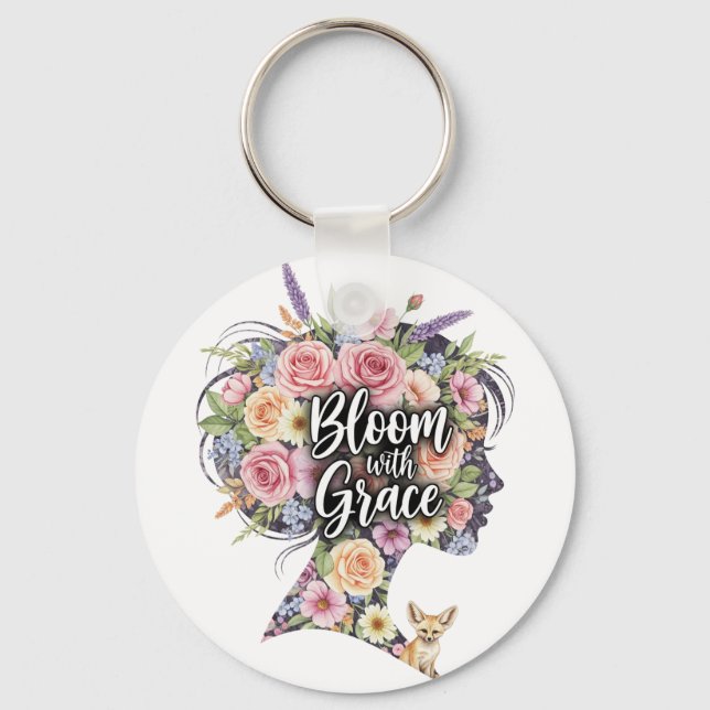 Bloom with Grace Floral Inspirational Quote Design Key Ring (Front)