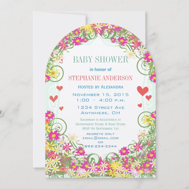 Bloomin' Baby Girl Floral and Hearts Shower Invitation (Front)