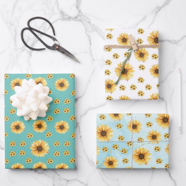 Bloomind sunflowers in the garden wrapping paper sheet (Front)