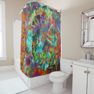Blooming Abstract Blue and Lime Green Flower Shower Curtain