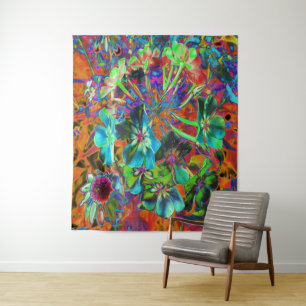 Blooming Abstract Blue and Lime Green Flower Tapestry