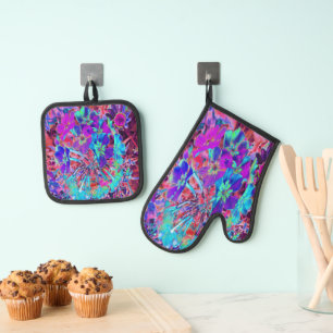 Blooming Abstract Purple and Blue Flower Oven Mitt & Pot Holder Set