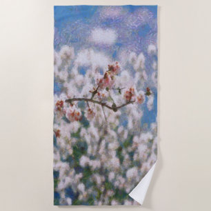 Blooming Almond Tree Pointillism Artwork Beach Towel