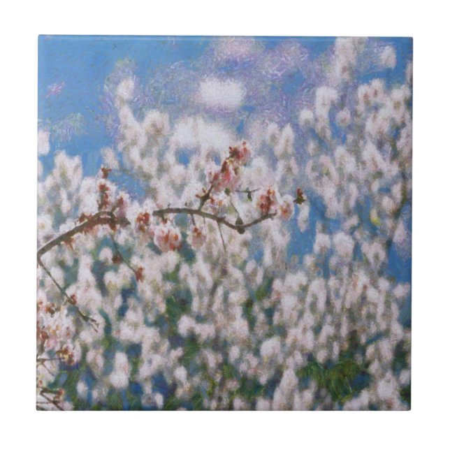 Blooming Almond Tree Pointillism Artwork Tile (Front)