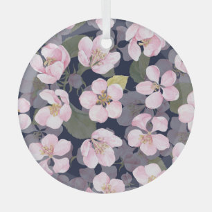 Blooming Apple: Dark Blue Watercolor Glass Tree Decoration