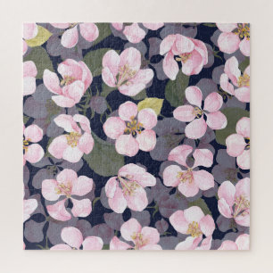 Blooming Apple: Dark Blue Watercolor Jigsaw Puzzle