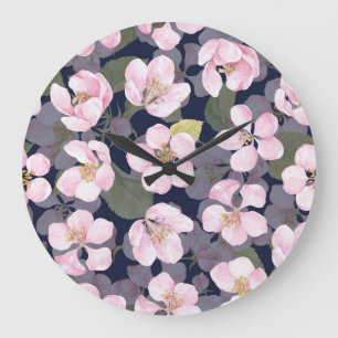 Blooming Apple: Dark Blue Watercolor Large Clock