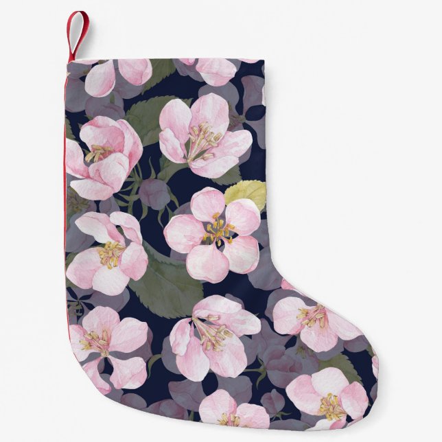 Blooming Apple: Dark Blue Watercolor Small Christmas Stocking (Front)