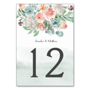 Blooming Apricot and Green Watercolor Floral Table Number