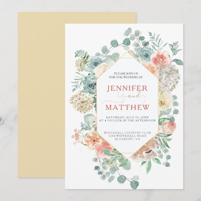 Blooming Apricot Geometric - Soft Gold Background Invitation (Front/Back)