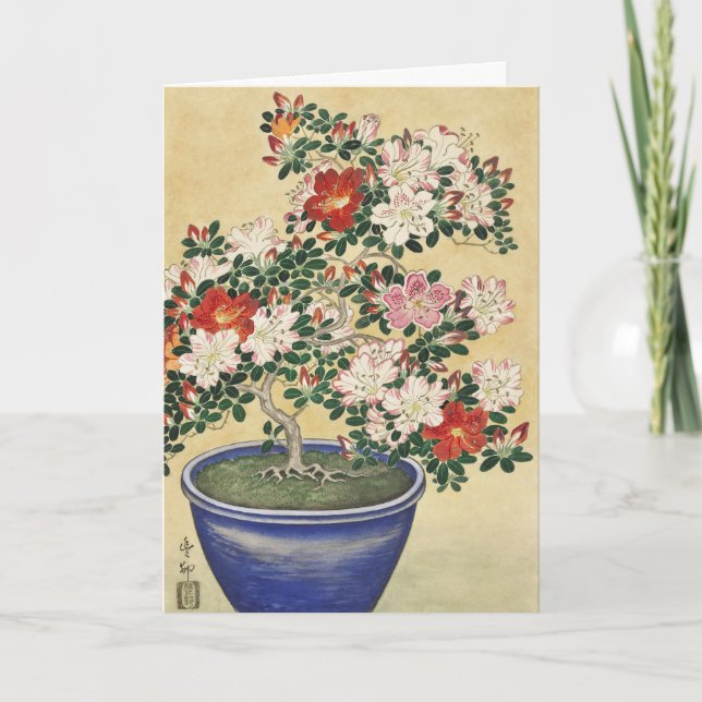 Blooming Azalea in Blue Pot Janpanese Flower Art Card (Front)